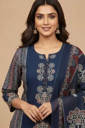 Beautiful jaipuri navy blue panel printed cotton straight kurta pant set with dupatta