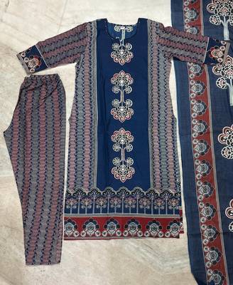 Beautiful jaipuri navy blue panel printed cotton straight kurta pant set with dupatta 5