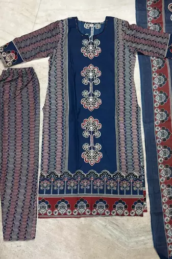 Beautiful jaipuri navy blue panel printed cotton straight kurta pant set with dupatta