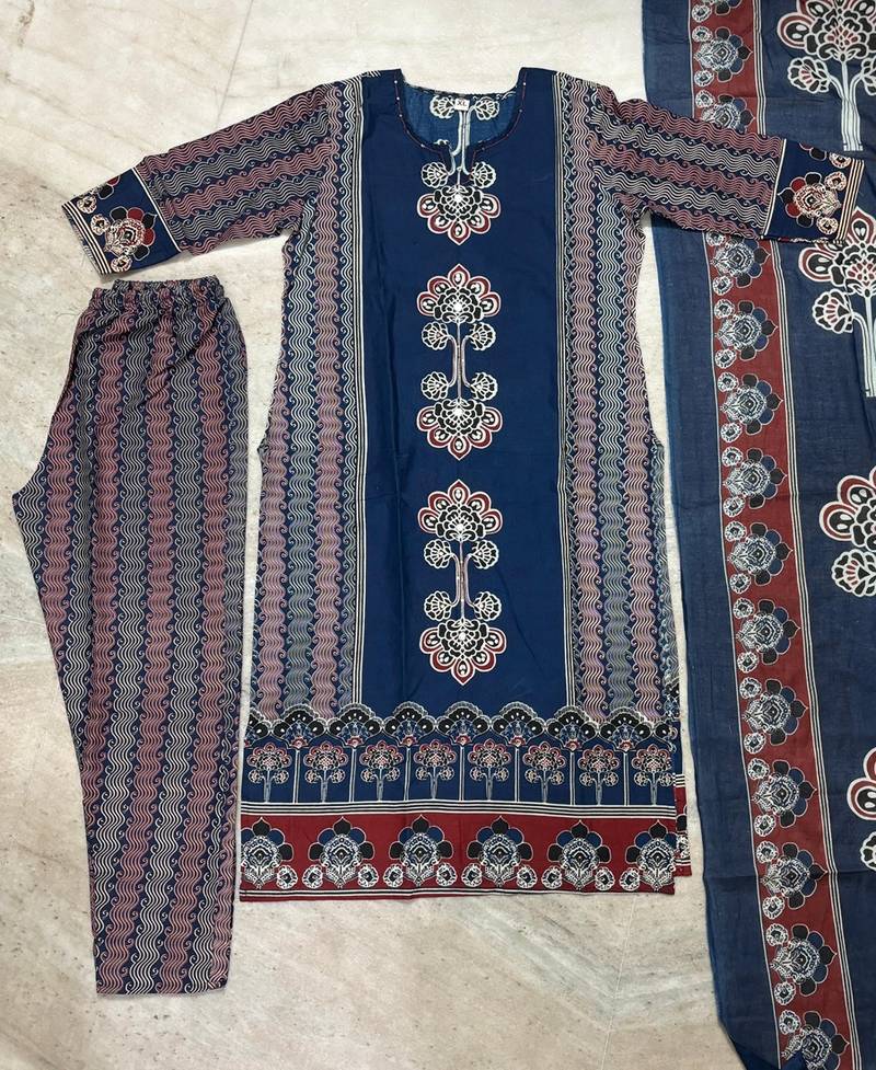 Beautiful jaipuri navy blue panel printed cotton straight kurta pant set with dupatta
