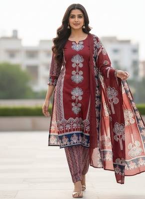 maroon hand block printed cotton straight salwar suit set 1