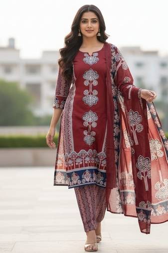 maroon hand block printed cotton straight salwar suit set