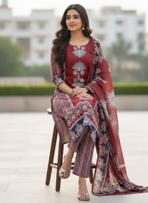 maroon hand block printed cotton straight salwar suit set 2