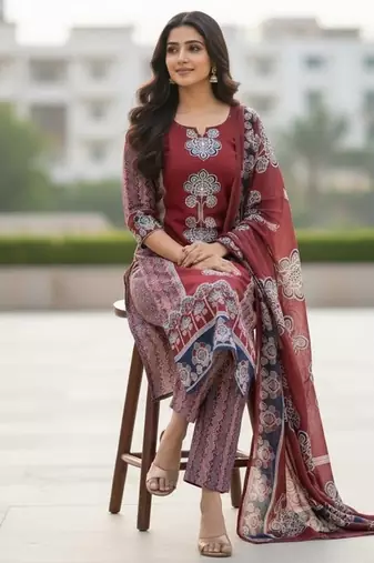 maroon hand block printed cotton straight salwar suit set