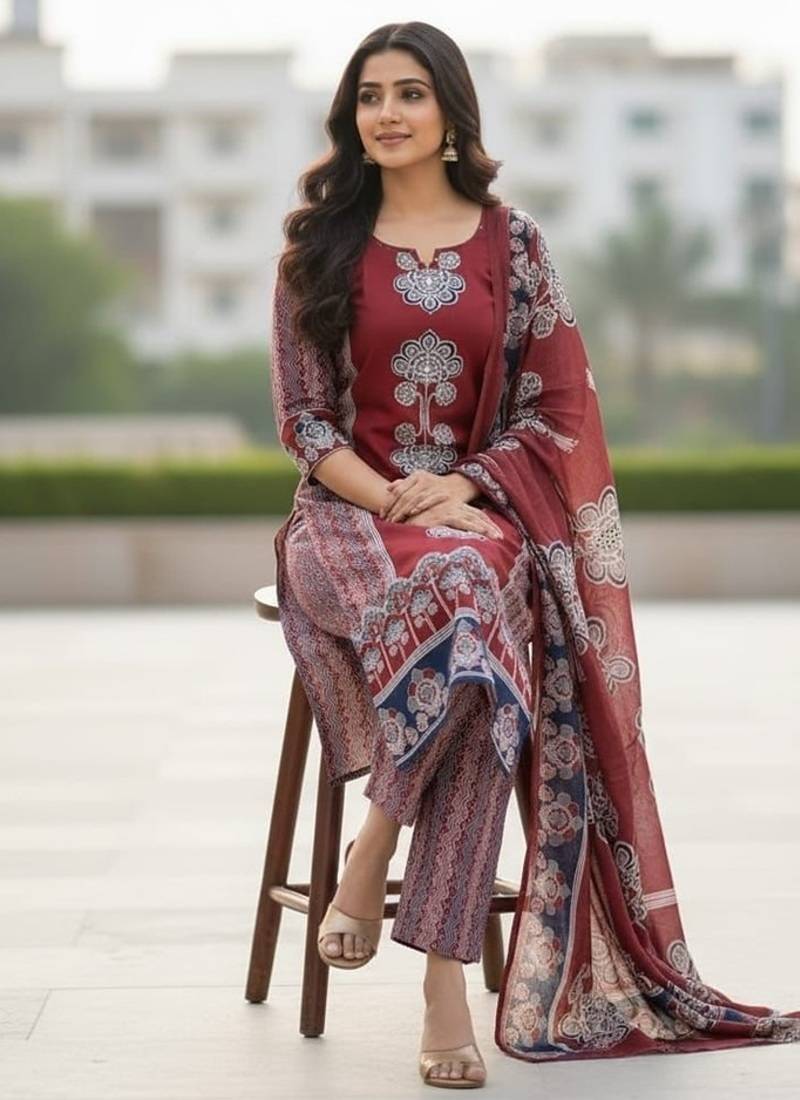 maroon hand block printed cotton straight salwar suit set