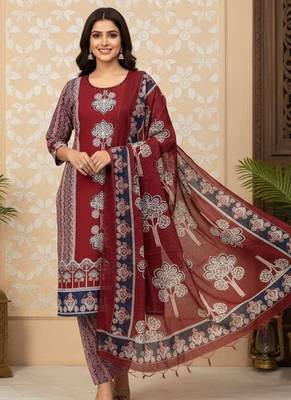 maroon hand block printed cotton straight salwar suit set 3