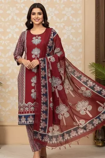 maroon hand block printed cotton straight salwar suit set