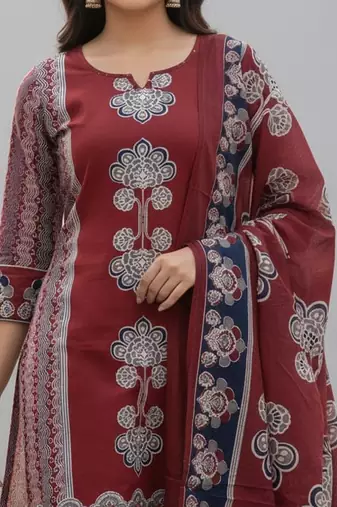 maroon hand block printed cotton straight salwar suit set