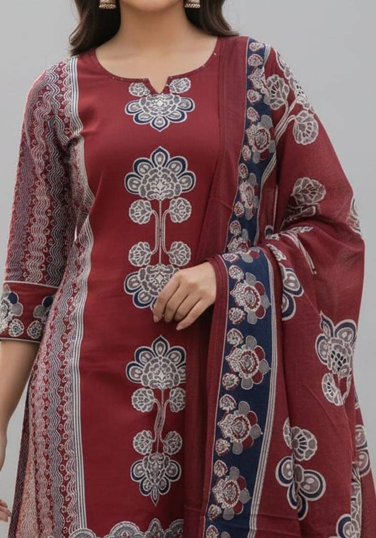 maroon hand block printed cotton straight salwar suit set