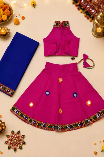 Pink kutch work embroidered cotton mirrorwork chaniya choli set with dupatta