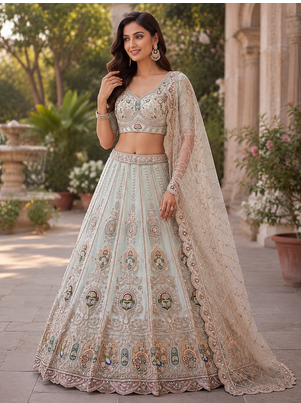  sky blue color Multi Thread and Zari Embroidered work Crystal work net Lehenga Choli set 1