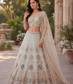  sky blue color Multi Thread and Zari Embroidered work Crystal work net Lehenga Choli set