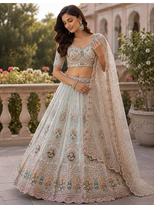  sky blue color Multi Thread and Zari Embroidered work Crystal work net Lehenga Choli set 2