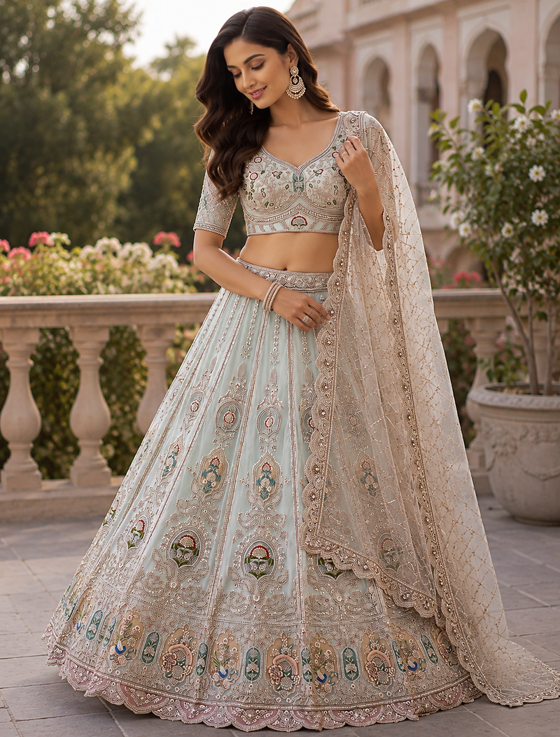  sky blue color Multi Thread and Zari Embroidered work Crystal work net Lehenga Choli set