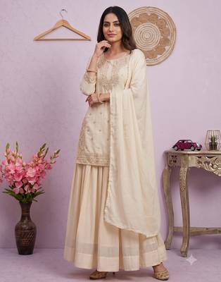 Cream Embroidered Silk Blend Kurta Sharara Set with Dupatta for Women 1