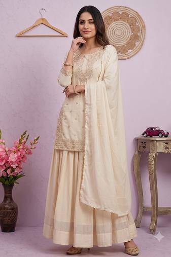 Cream Embroidered Silk Blend Kurta Sharara Set with Dupatta for Women