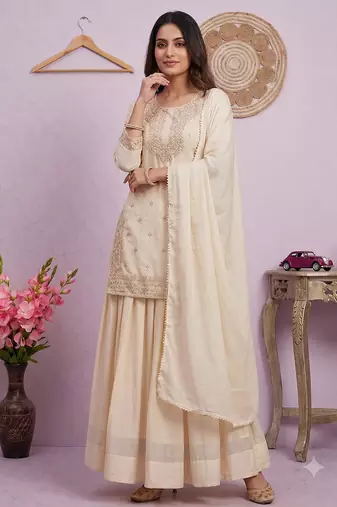 Cream Embroidered Silk Blend Kurta Sharara Set with Dupatta for Women