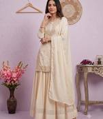 Cream Embroidered Silk Blend Kurta Sharara Set with Dupatta for Women