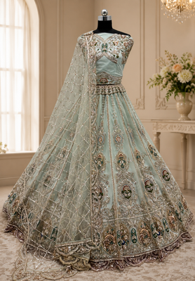  sky blue color Multi Thread and Zari Embroidered work Crystal work net Lehenga Choli set 3