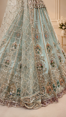  sky blue color Multi Thread and Zari Embroidered work Crystal work net Lehenga Choli set 4