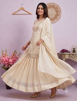 Cream Embroidered Silk Blend Kurta Sharara Set with Dupatta for Women 2