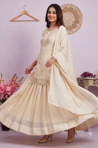 Cream Embroidered Silk Blend Kurta Sharara Set with Dupatta for Women