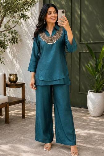 teal color beads and siquence work silk blend salwar suit 