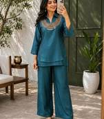 teal color beads and siquence work silk blend salwar suit 