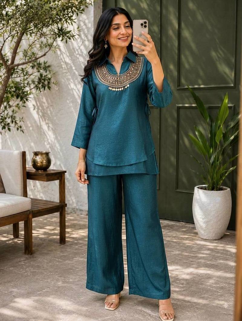 teal color beads and siquence work silk blend salwar suit 