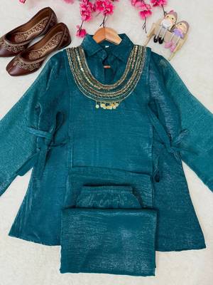 teal color beads and siquence work silk blend salwar suit  2