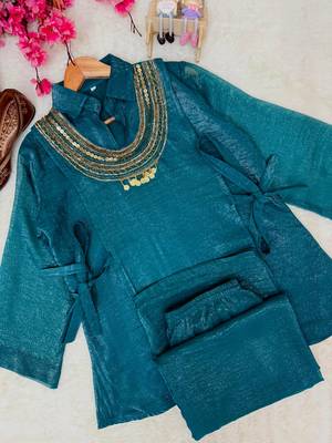 teal color beads and siquence work silk blend salwar suit  3
