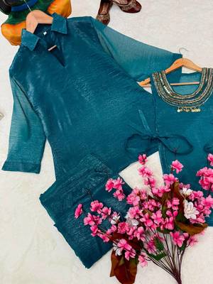 teal color beads and siquence work silk blend salwar suit  4
