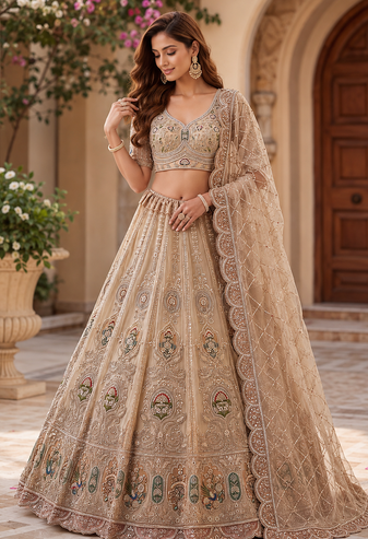 beige color Multi Thread and Zari Embroidered work Crystal work net Lehenga Choli set