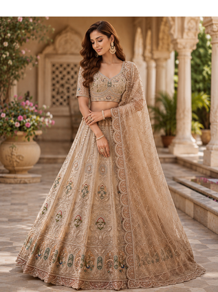 beige color Multi Thread and Zari Embroidered work Crystal work net Lehenga Choli set 2