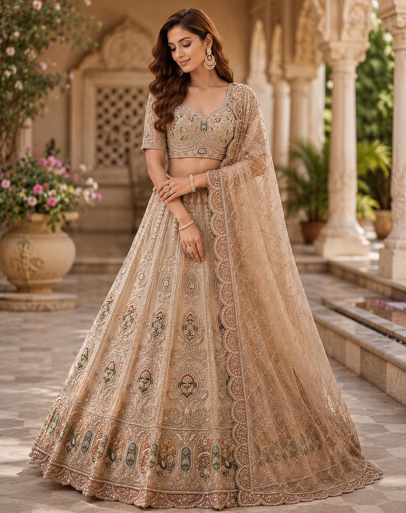 beige color Multi Thread and Zari Embroidered work Crystal work net Lehenga Choli set
