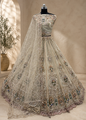 beige color Multi Thread and Zari Embroidered work Crystal work net Lehenga Choli set 3