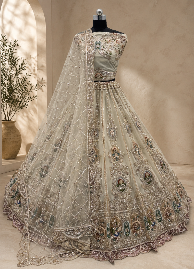 beige color Multi Thread and Zari Embroidered work Crystal work net Lehenga Choli set