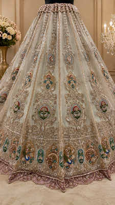 beige color Multi Thread and Zari Embroidered work Crystal work net Lehenga Choli set 4