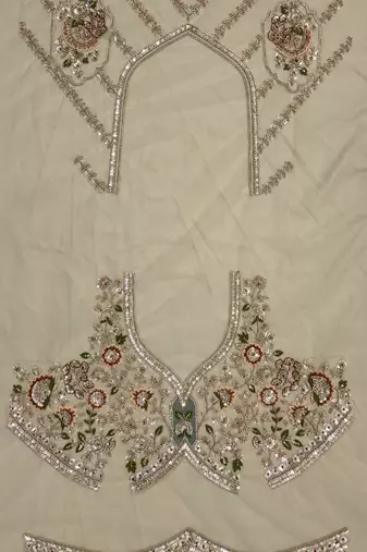 beige color Multi Thread and Zari Embroidered work Crystal work net Lehenga Choli set