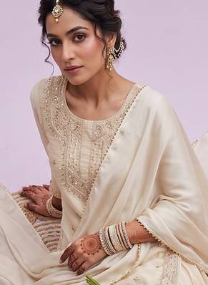 Cream Embroidered Silk Blend Kurta Sharara Set with Dupatta for Women 3