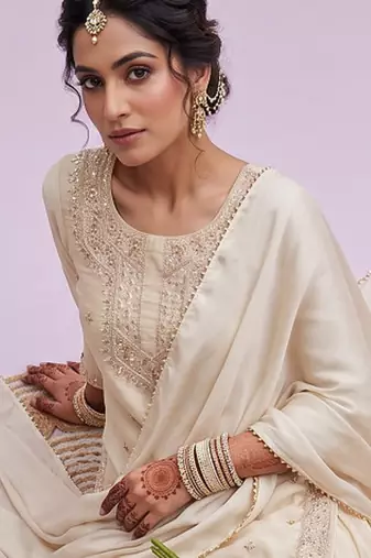 Cream Embroidered Silk Blend Kurta Sharara Set with Dupatta for Women