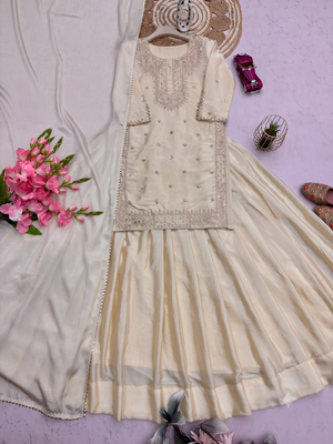 Cream Embroidered Silk Blend Kurta Sharara Set with Dupatta for Women 4