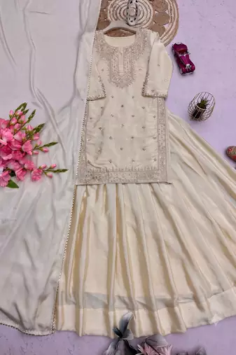 Cream Embroidered Silk Blend Kurta Sharara Set with Dupatta for Women