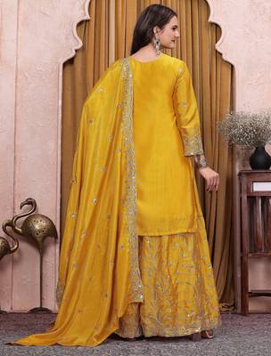 Yellow chinon  silk party wear sharara suit set 5