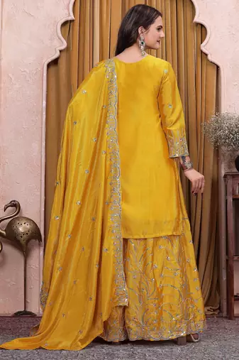 Yellow chinon  silk party wear sharara suit set