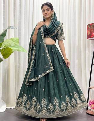 Navratri Special Bottle Green Silk Embroidered Lehenga Choli with Dupatta 1