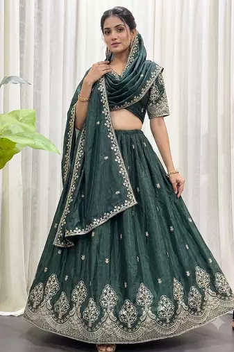Navratri Special Bottle Green Silk Embroidered Lehenga Choli with Dupatta