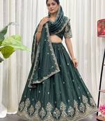 Navratri Special Bottle Green Silk Embroidered Lehenga Choli with Dupatta