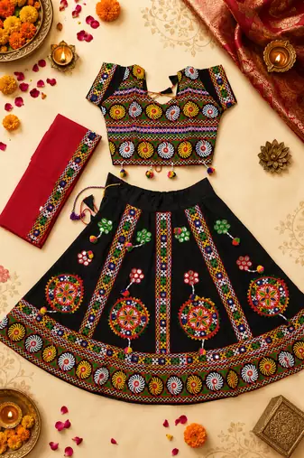 Black kutch work embroidered cotton mirrorwork chaniya choli set with dupatta