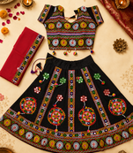 Black kutch work embroidered cotton mirrorwork chaniya choli set with dupatta